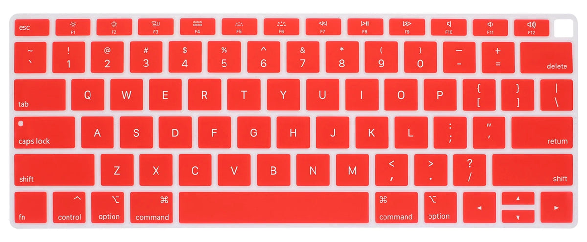 A close-up view of a red silicone keyboard cover designed for MacBook Air and Pro keyboards.