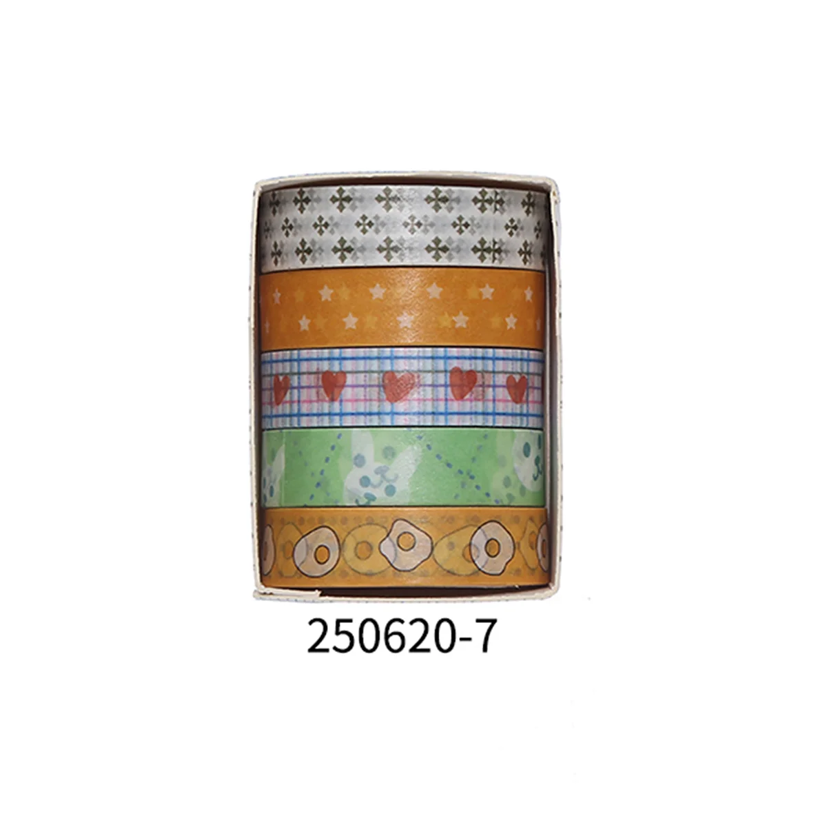 A set of five rolls of decorative floral and patterned washi tape in various colors for journals and crafts.