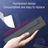 A hand holds a gray thermal paper device, demonstrating its easy replacement and automatic paper suction feature.