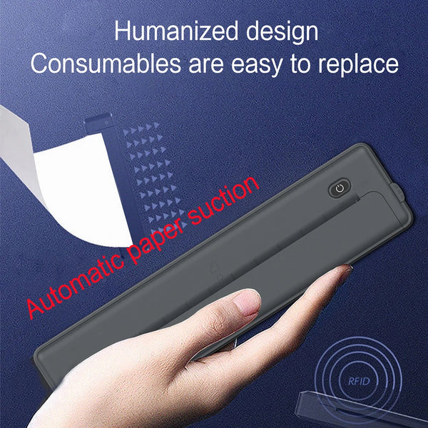 A hand holds a gray thermal paper device, demonstrating its easy replacement and automatic paper suction feature.