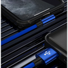 A close-up of a blue and black braided Lightning cable for iPhone charging.