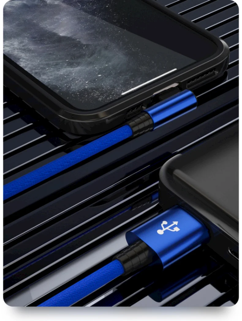 A close-up of a blue and black braided Lightning cable for iPhone charging.