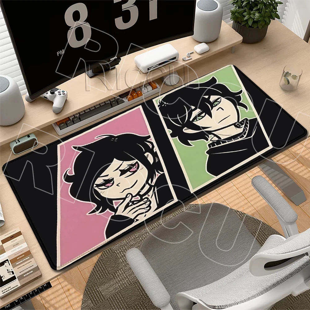 A black gaming mouse pad featuring anime characters and text displayed on a wooden desk.