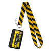Yellow and black striped lanyard with an ID badge holder attached