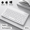 Weiße kabellose Bluetooth-Tastatur neben Symbolen für Android, iOS und Windows Betriebssysteme.