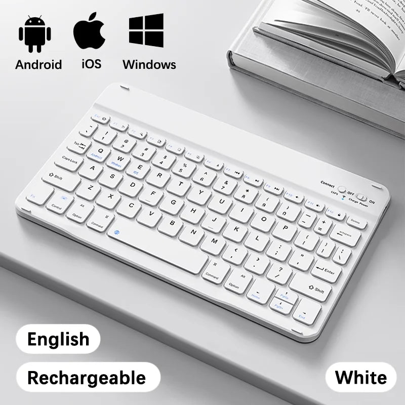 Weiße kabellose Bluetooth-Tastatur neben Symbolen für Android, iOS und Windows Betriebssysteme.