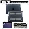 Black plastic hard shell laptop case with keyboard cover and screen film shown next to a laptop and keyboard