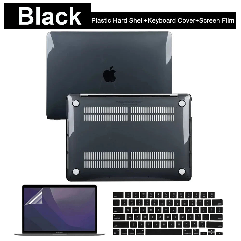 Black plastic hard shell laptop case with keyboard cover and screen film shown next to a laptop and keyboard