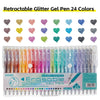 A set of 24 retractable glitter gel pens in various colors, including heart-shaped tips.