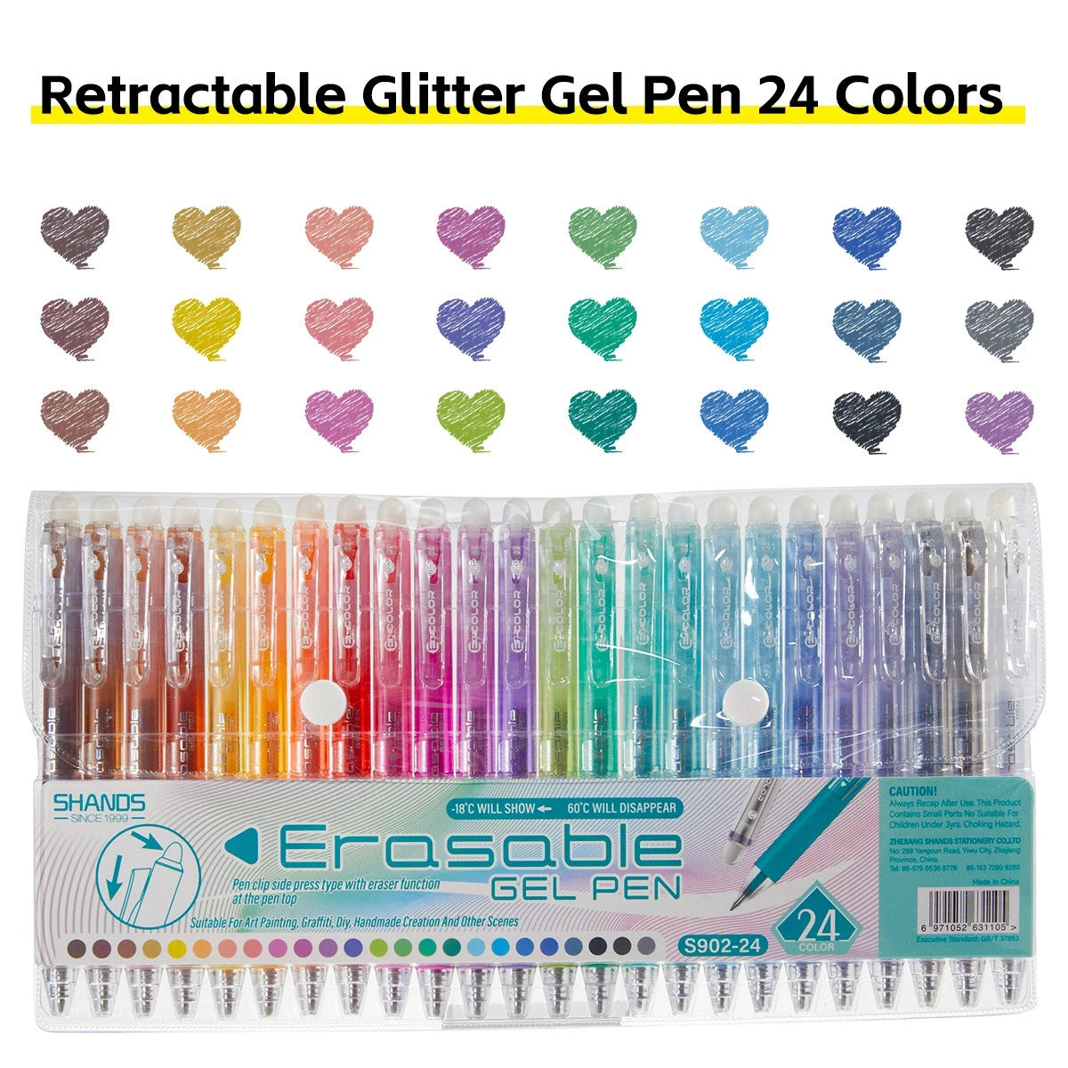 A set of 24 retractable glitter gel pens in various colors, including heart-shaped tips.