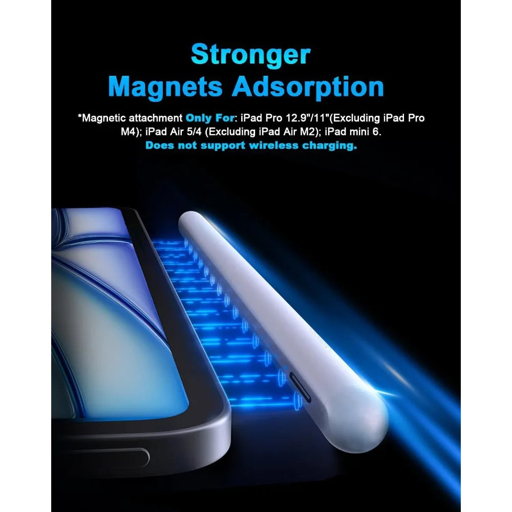 A white precision stylus is shown next to a dark iPad, demonstrating magnetic attachment.