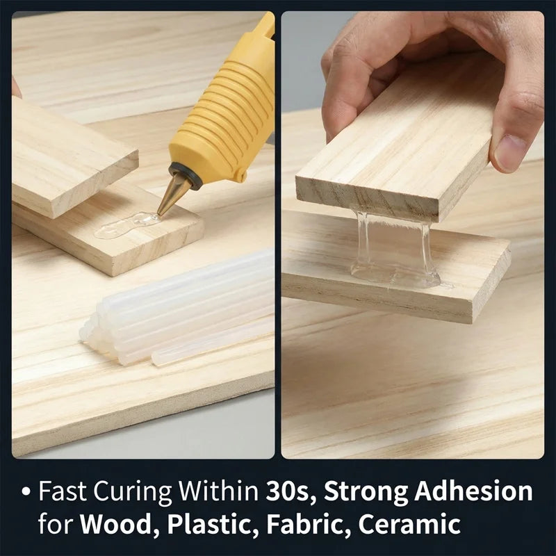A hand applies a hot melt glue stick to a piece of wood, demonstrating strong adhesion for various materials.