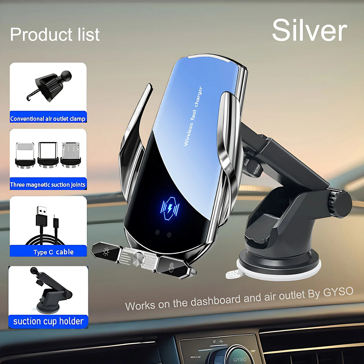 Silver wireless fast charger and suction cup holder for a car dashboard and outlet.