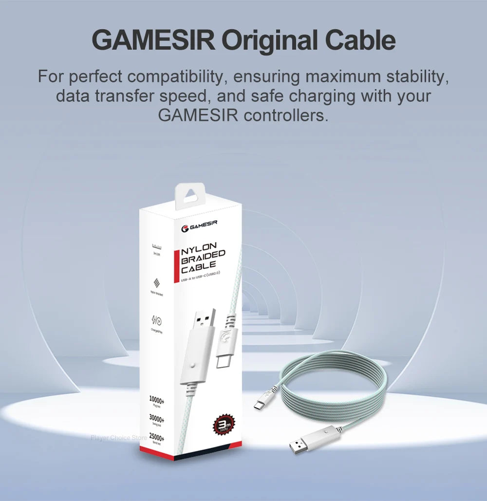 A box and coiled nylon braided charging cable for a Gamesir controller.