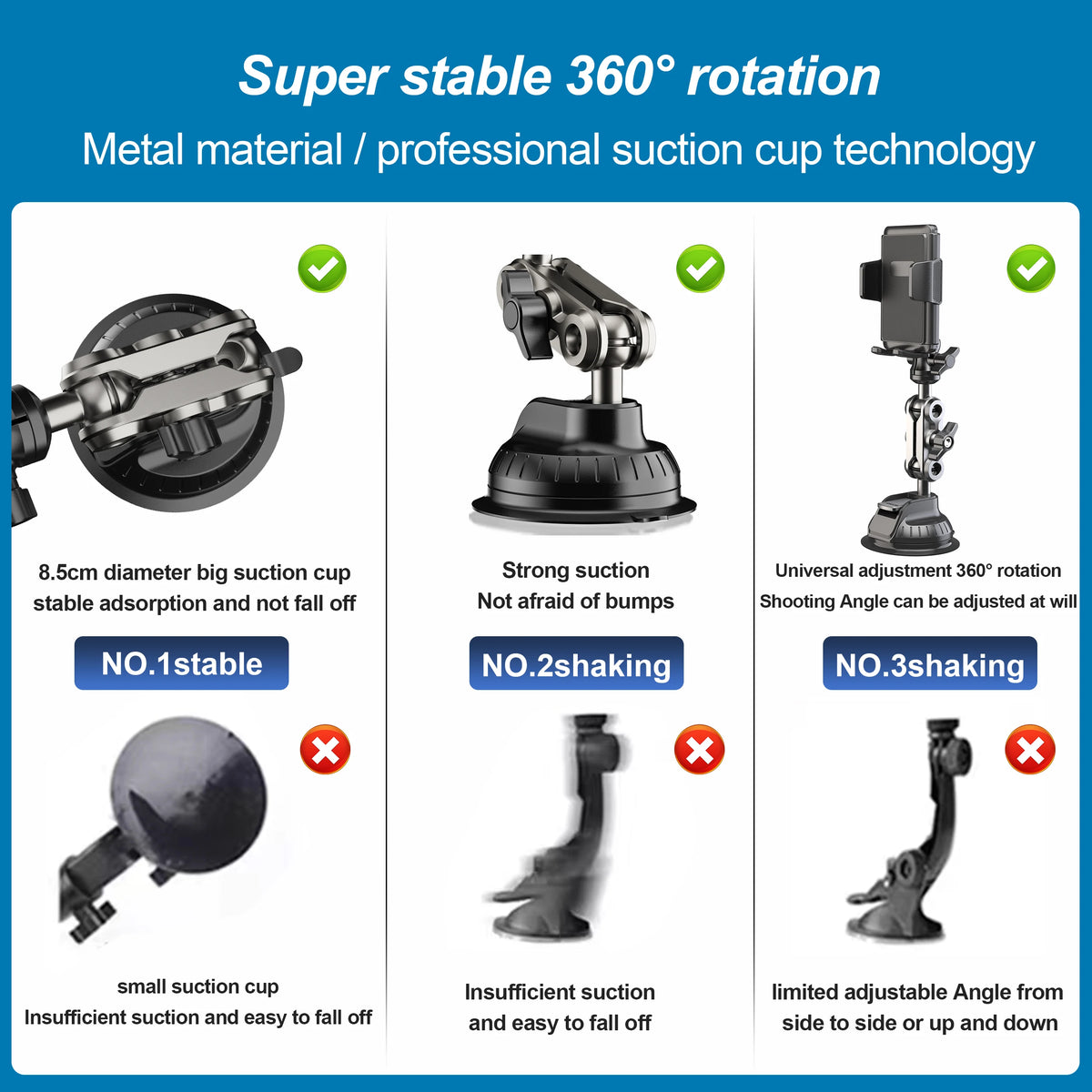 A metal suction cup phone mount with an articulating arm demonstrating 360 degree rotation and strong suction.