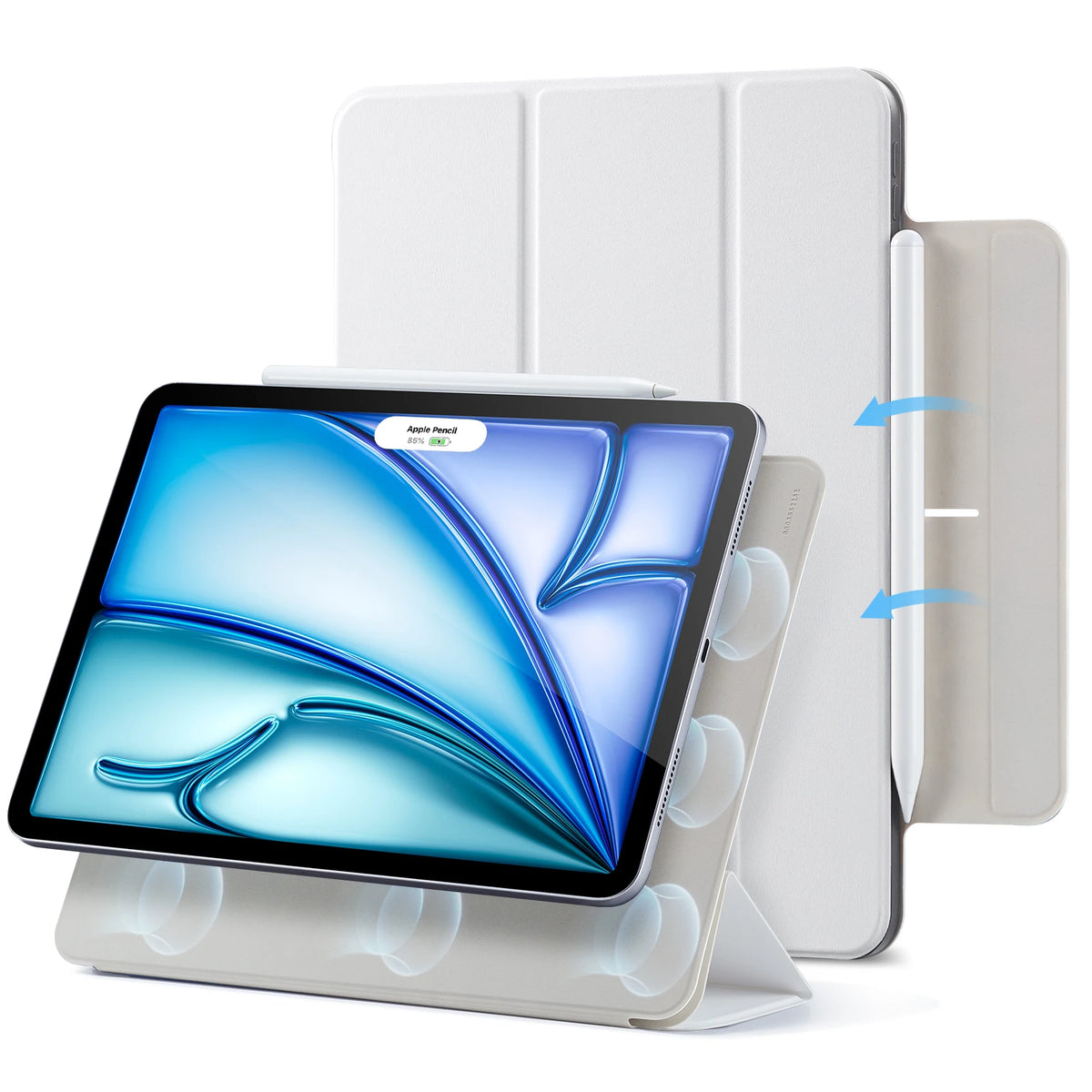 A white magnetic folio case for an iPad Pro or Air, shown with a stylus and the tablet.