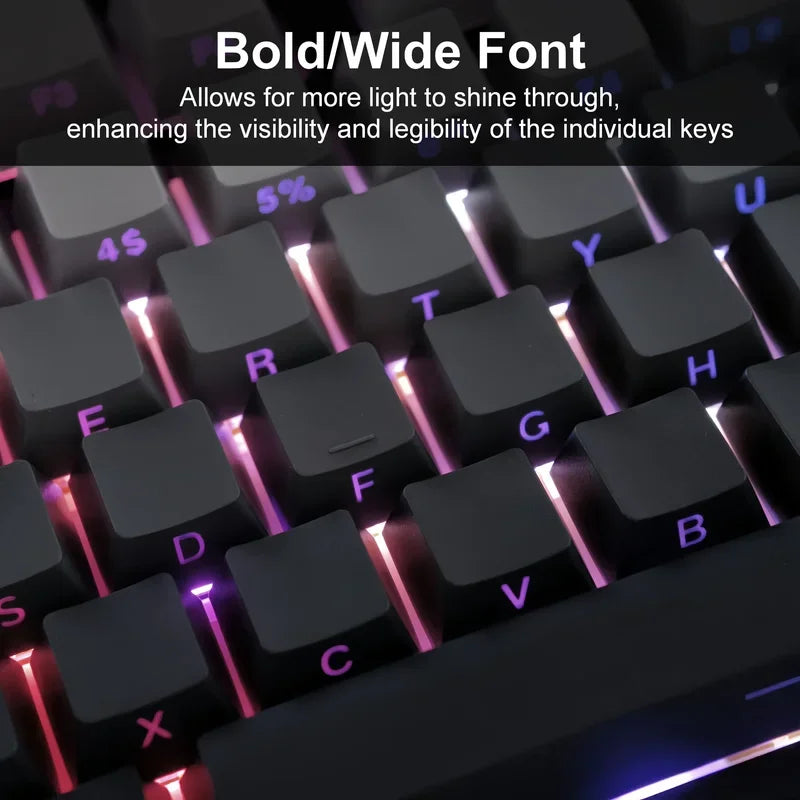 Close-up view of a mechanical keyboard showing bold/wide font keycaps with glowing light effects.