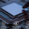 Close-up view of a circuit board with various protection features labeled on the surface.
