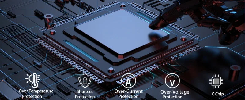Close-up view of a circuit board with various protection features labeled on the surface.