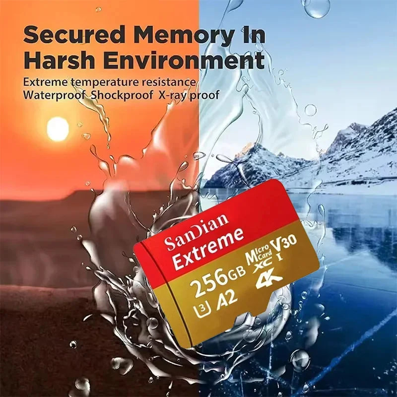 Nahaufnahme einer Sanian Extreme Speicherkarte mit orange-gelber Verpackung vor einem Hintergrund