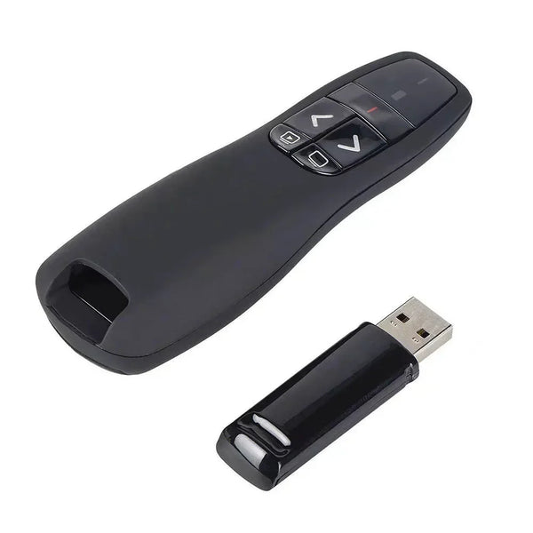 A black wireless PPT presenter pen with a remote control and charging connector.