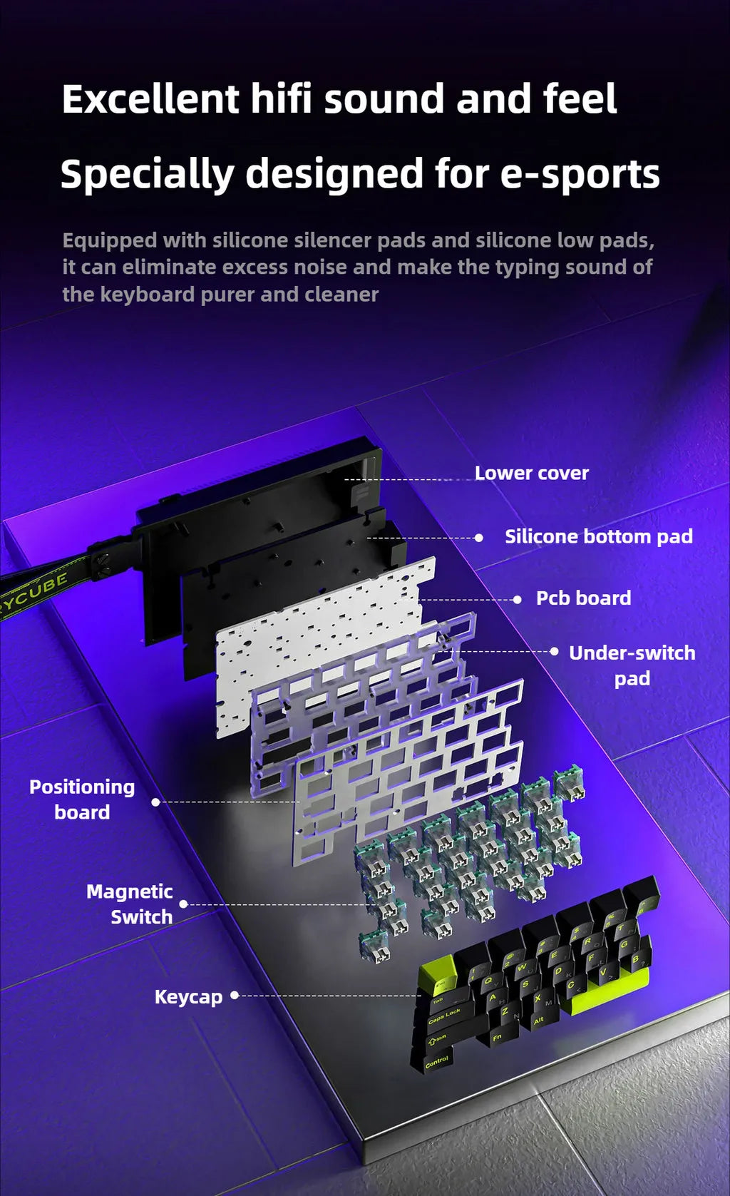 A close-up view of a mechanical keyboard assembly showing various components like the PCB board, keycaps, and silicone pads.