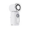 A white portable clip-on handheld cooling fan with a circular grille and power button.