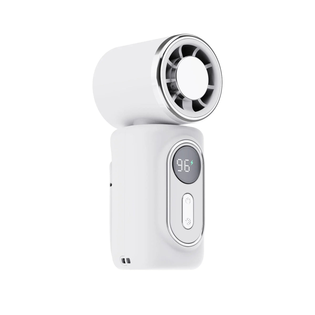A white portable clip-on handheld cooling fan with a circular grille and power button.