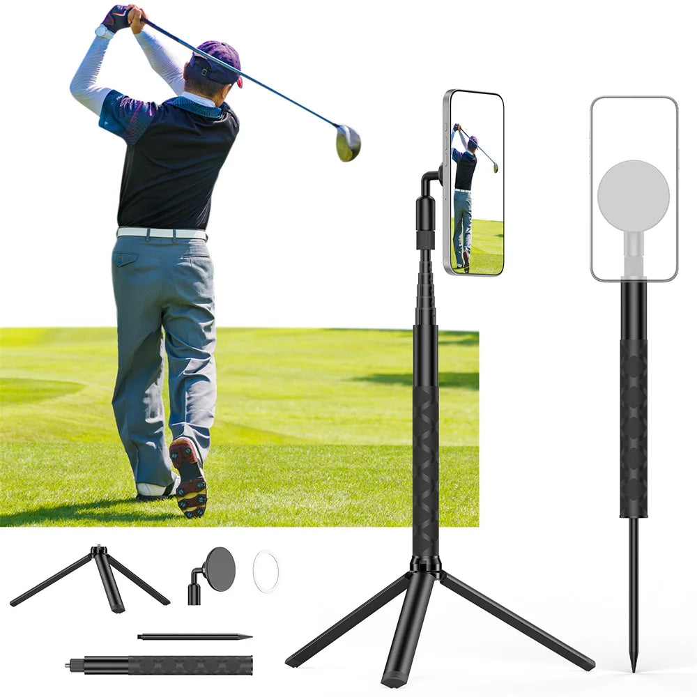 A black magnetic golf monopod tripod with a smartphone mount and various accessories for swing recording.