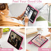 A pink universal protective case for an iPad is shown being used for drawing and video watching.