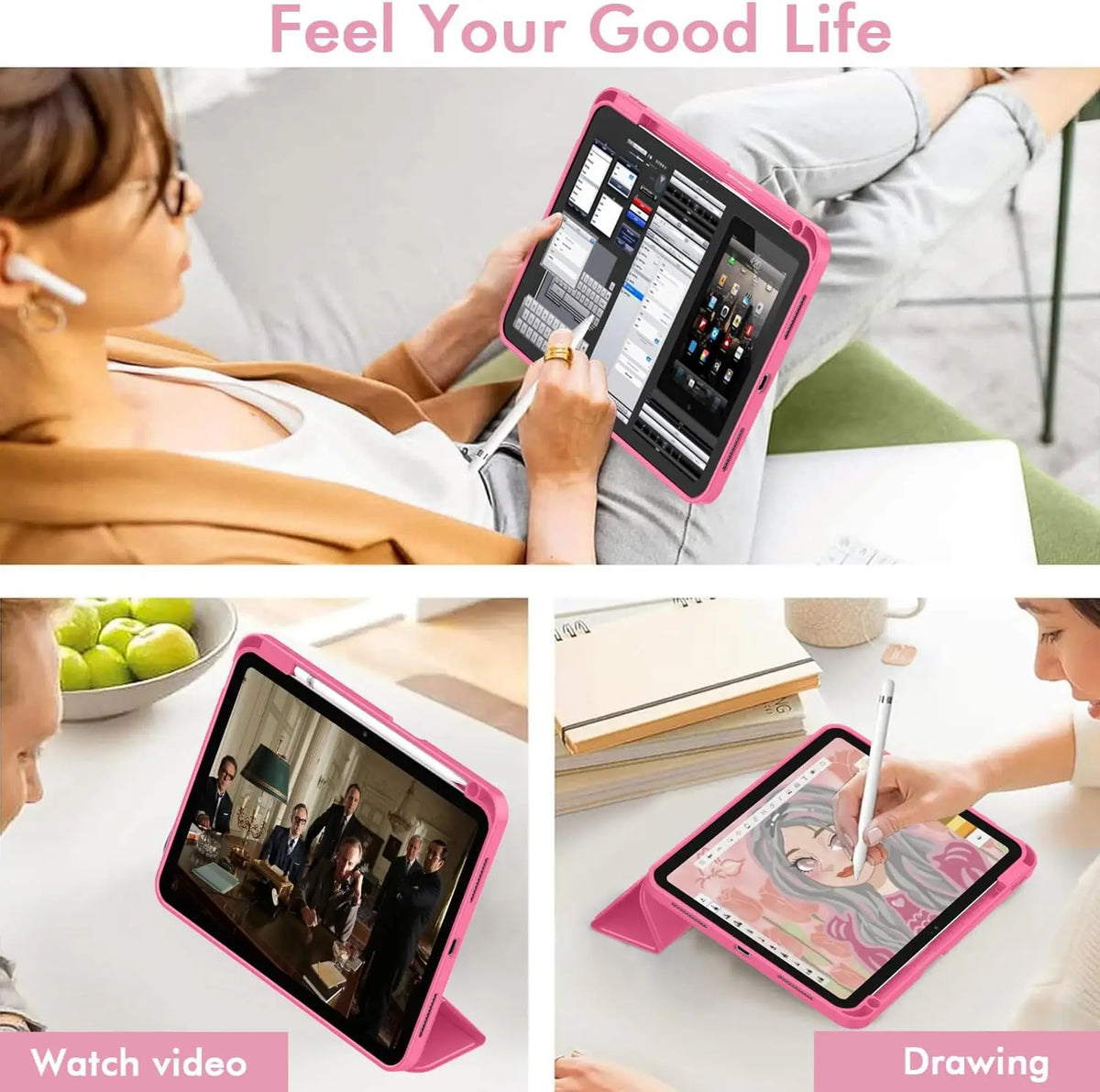 A pink universal protective case for an iPad is shown being used for drawing and video watching.