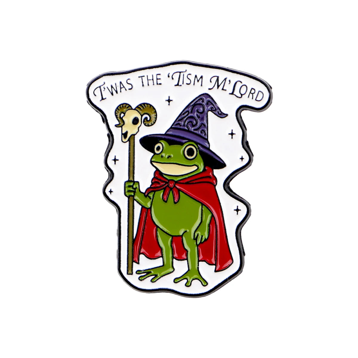 An enamel pin featuring a green frog wearing a wizard hat and cloak, with a staff and a skull.