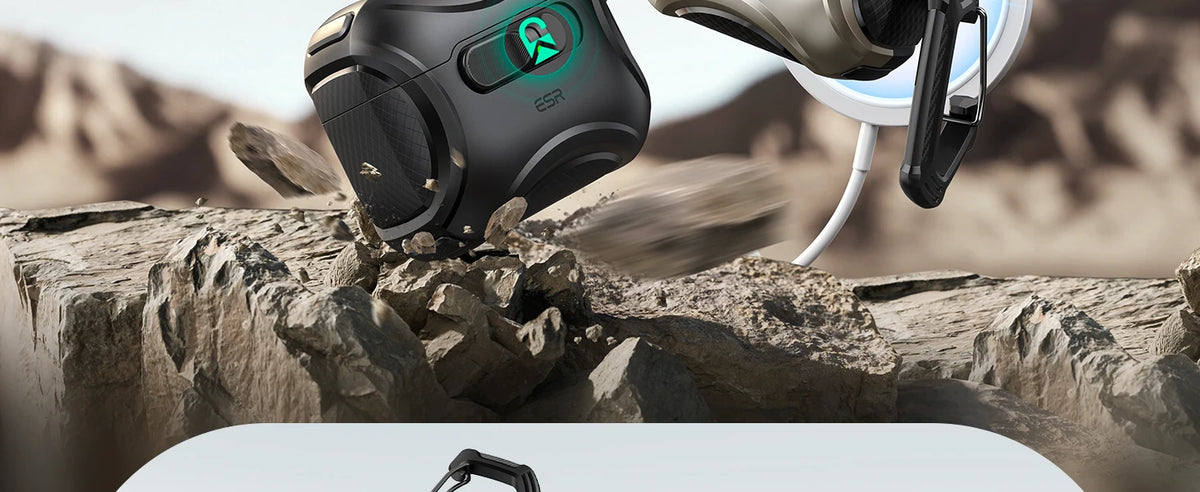 A black magnetic AirPods case with a green light is shown resting on a rocky surface.
