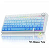 A white mechanical gaming keyboard with blue keycaps and an F75-Reaper Axis component is shown on a reflective surface.