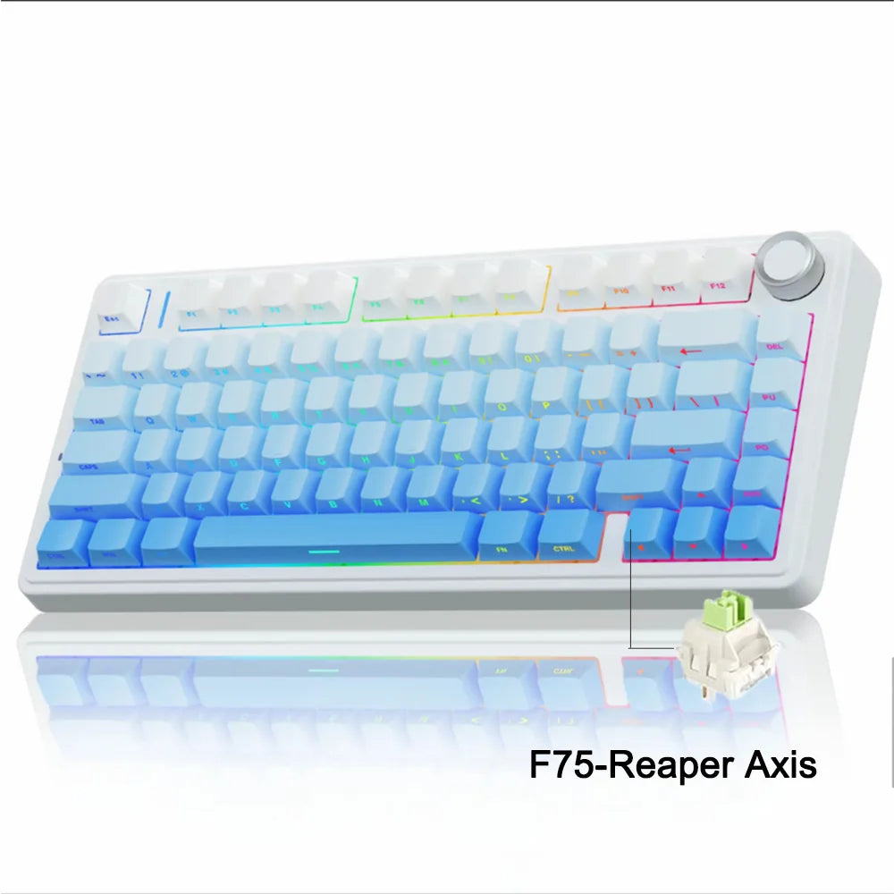 A white mechanical gaming keyboard with blue keycaps and an F75-Reaper Axis component is shown on a reflective surface.
