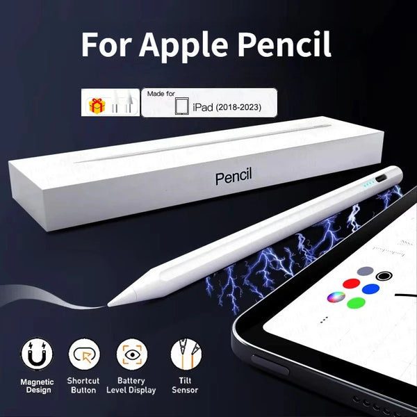 A white precision stylus pen designed for Apple Pencil, shown next to an iPad and various features.