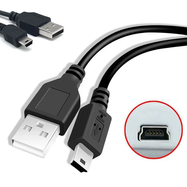A black mini USB data and charging cable with a square connector and a standard USB Type-A plug.