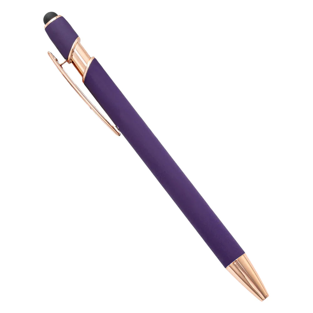 A purple retractable stylus and ballpoint pen with gold accents.