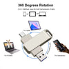 A portable 360-degree rotating USB drive adapter shown connecting various devices like laptops, tablets, and smartphones.