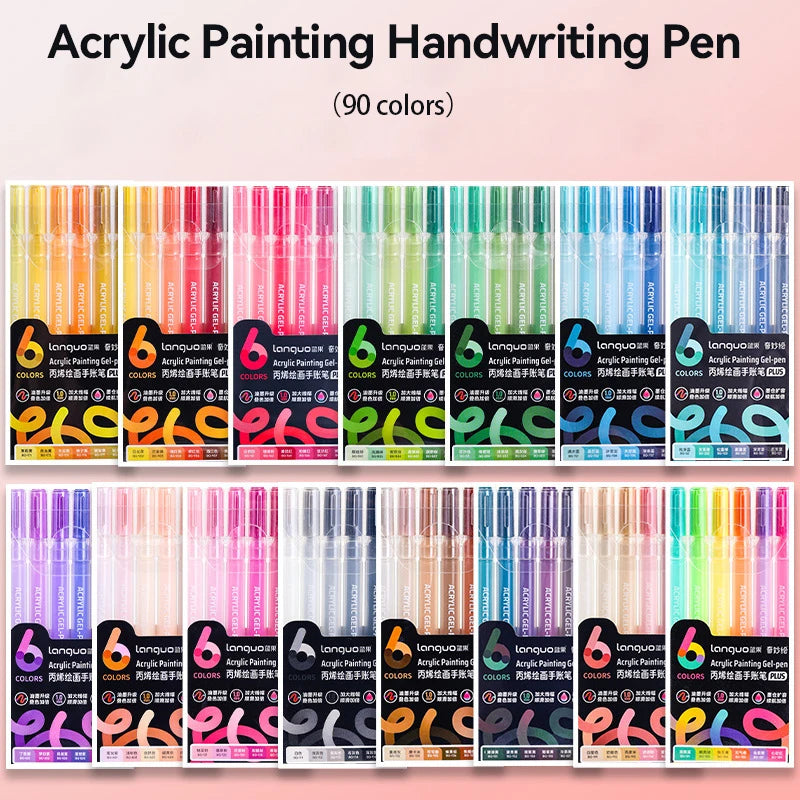 A collection of 90 colored acrylic painting handwriting pens displayed in various packaging.