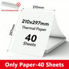 A stack of 40 sheets of thermal paper is shown next to a compact receipt printer.