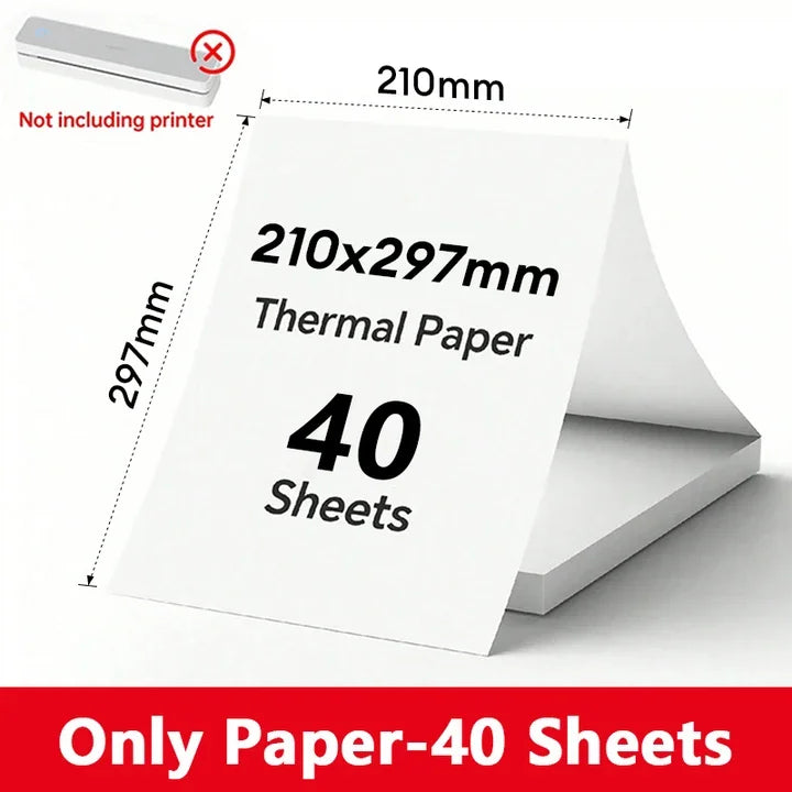 A stack of 40 sheets of thermal paper is shown next to a compact receipt printer.
