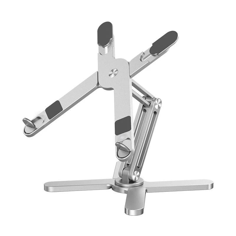 A silver 360° adjustable laptop and tablet stand with multiple folding arms.