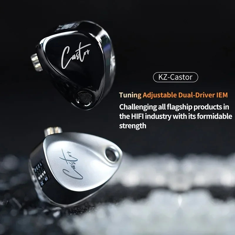 A pair of black KZ-Castor dual-driver IEMs shown against a dark background.