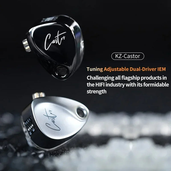 A pair of black KZ-Castor dual-driver IEMs shown against a dark background.