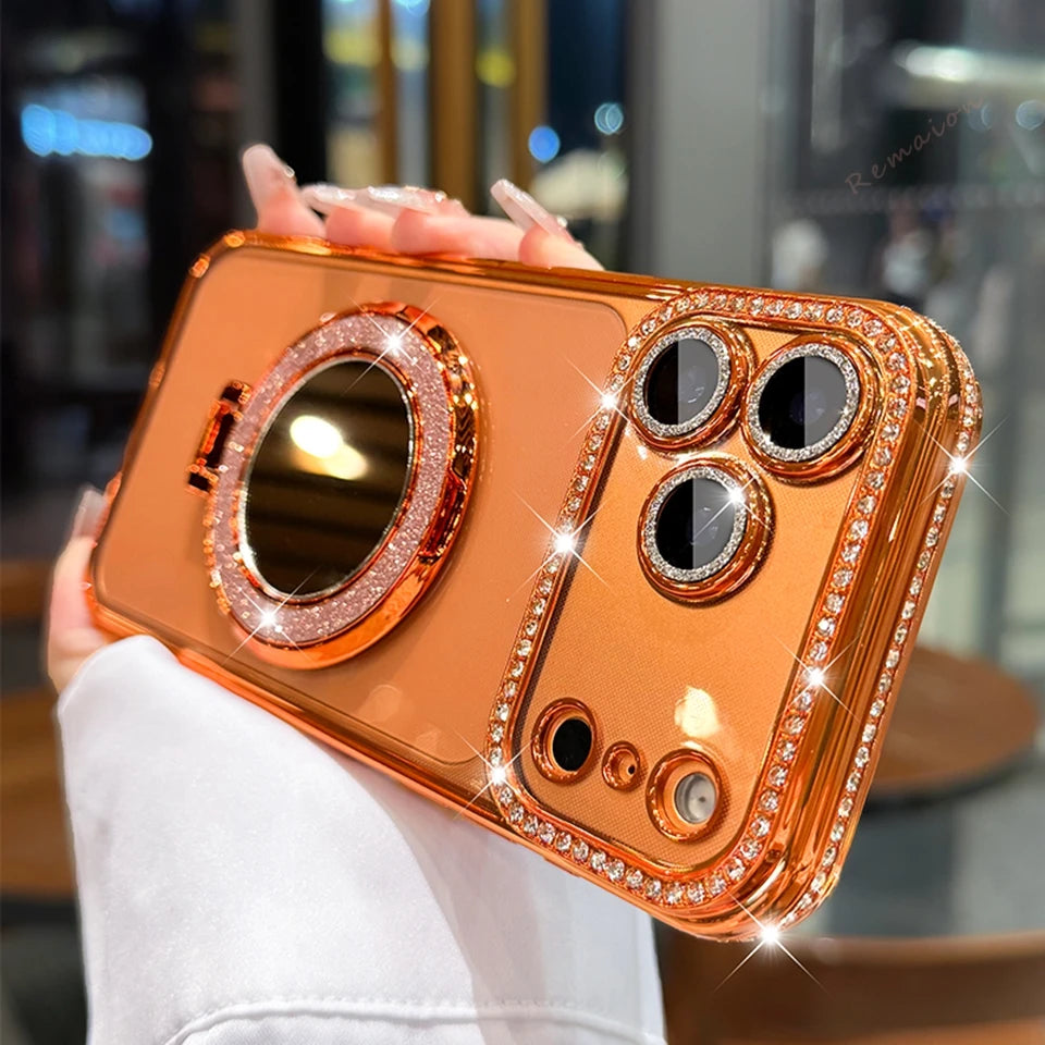 Nahaufnahme eines iPhones in einer glitzernden Diamantmagnethülle mit Roségold-Finish.