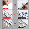 Comparison showing a handheld binder clip pusher with stainless steel refill clips demonstrating firm, not solid, overlapped 
