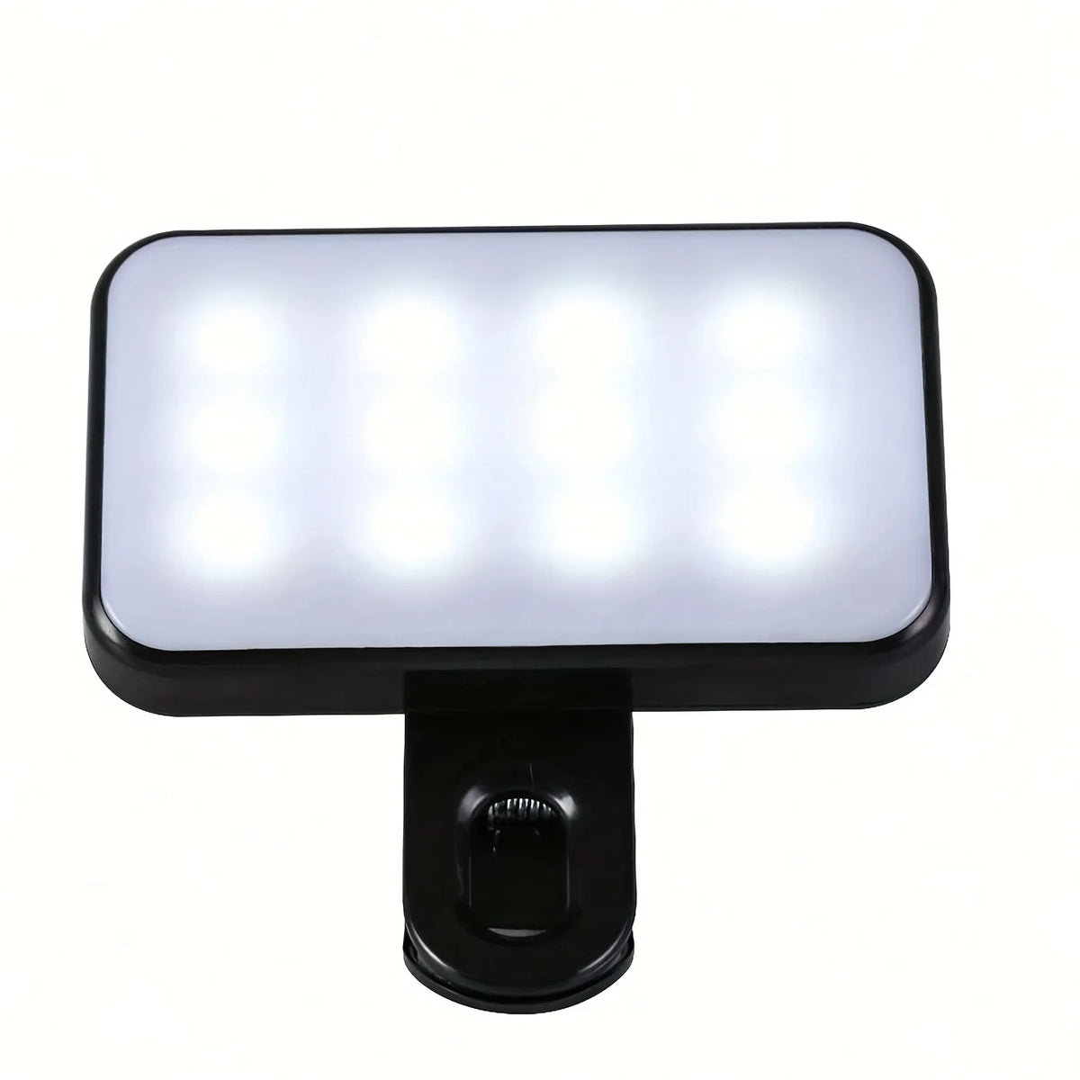 A portable rechargeable mini selfie light with multiple bright LED lights on a black base.