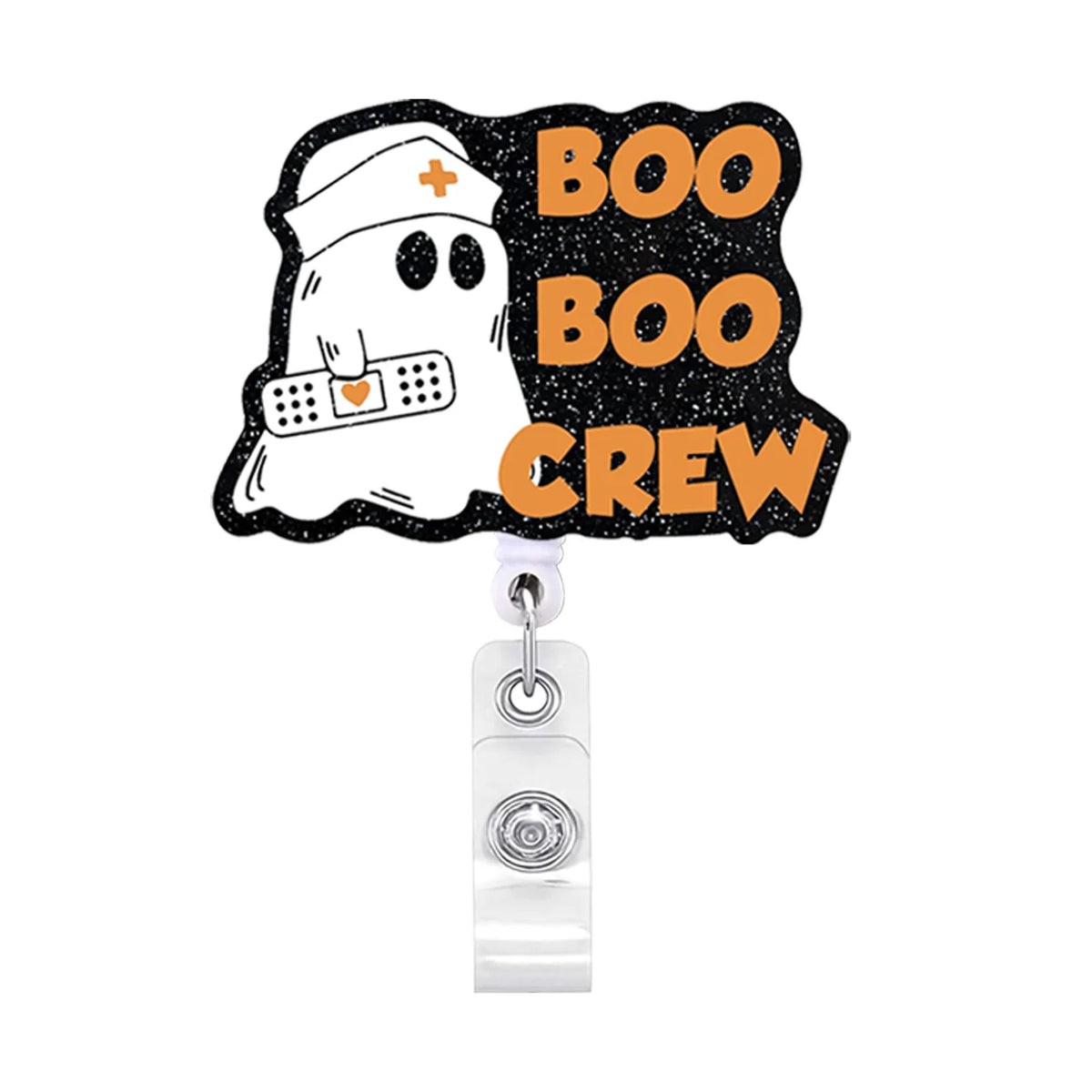 Schwarz-orange Grafik mit Geist mit Verband und dem Text BOO BOO CREW