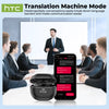 HTC translation machine mode featuring a pair of black Bluetooth earbuds and a smartphone in a meeting setting